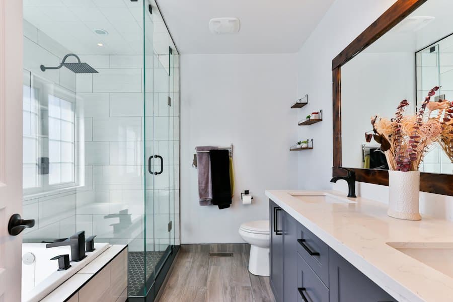 Modern bathroom with glass walk-in shower