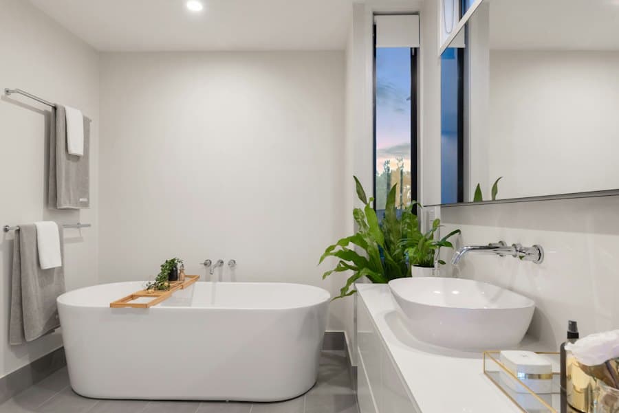 Remodeled bathroom with freestanding tub